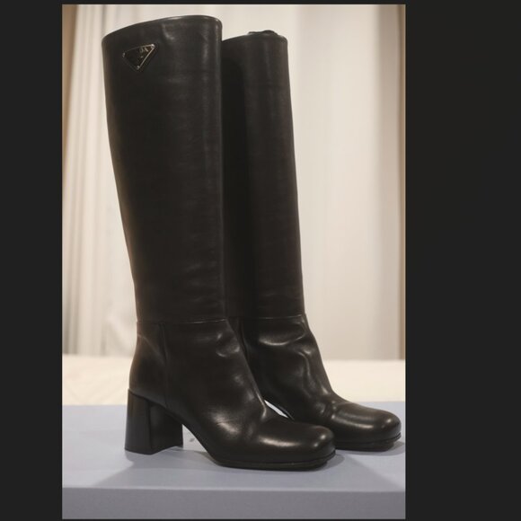 Prada Logo Plaque Leather Boots Calzature Donna Vitello Nero Black - Picture 1 of 11